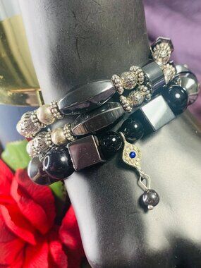 One-Of-A-Kind Evil Eye Rhinestone Charm Hematite, Glass & Pewter Bracelet Set